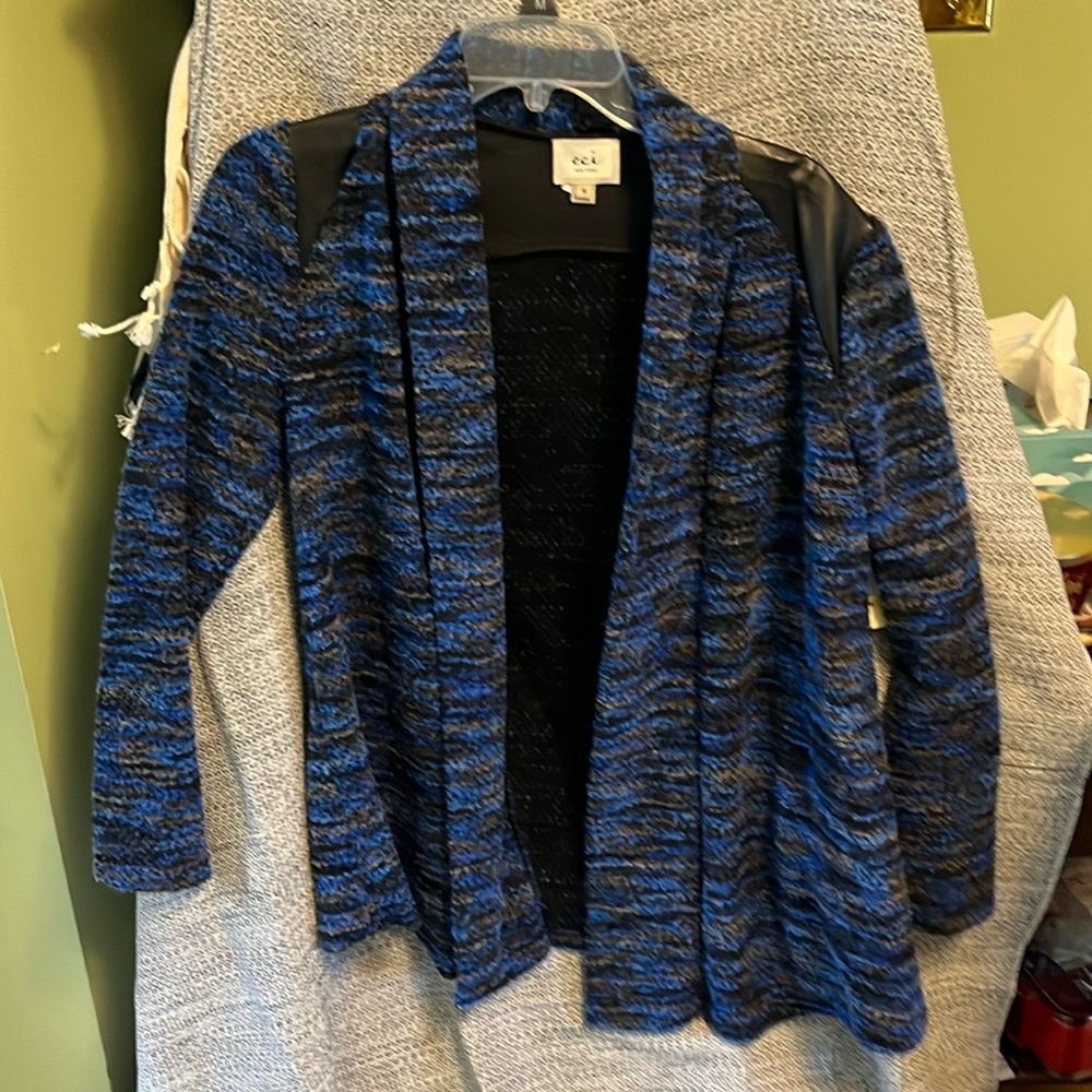 Blue / black sweater blazer with leather accents on shoulders
